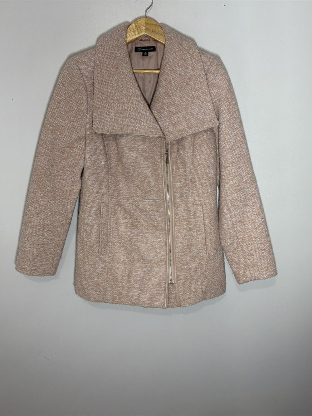 INC Blush Pink Tweed Coat Jacket Womens Medium Moto Zip Style Shawl Collar